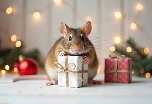 Cute rat with a gift in light Christmas interior, charming holiday decor with pet
