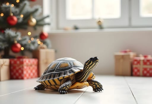 Turtle in light Christmas interior, cozy holiday scene with festive decor