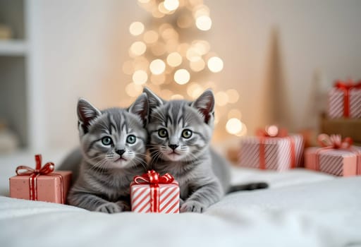 Two gray kittens with a gift in light Christmas interior, cozy holiday scene