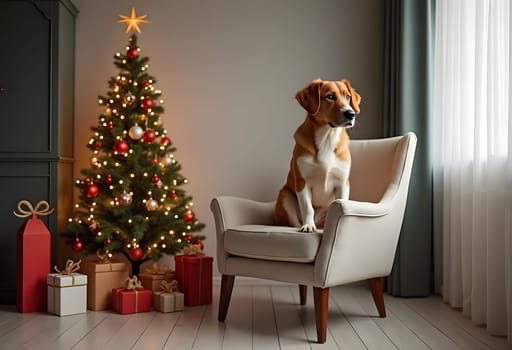 Dog in light chair with cozy Christmas decor, holiday interior scene