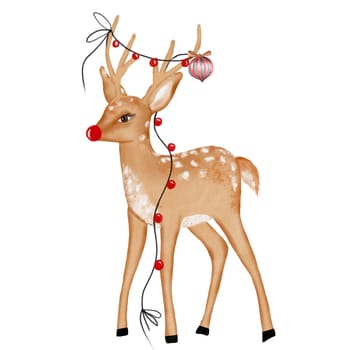 Christmas deer watercolor. Hand drawn forest animal on isolated white background. New Year card template. Ideal for greeting card and poster. High quality illustration