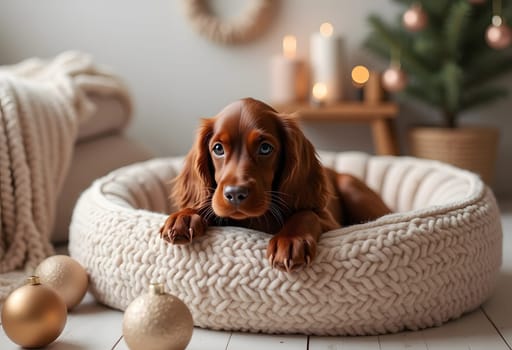 Cocker Spaniel puppy resting in bed in light Christmas interior, cozy holiday decor with pet