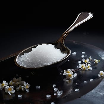 The spoon full of salt on a black. Ai art