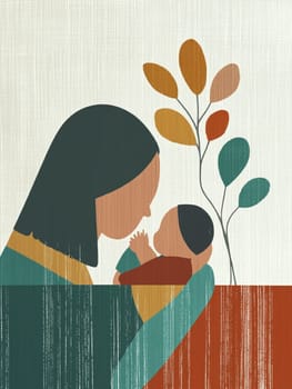 Modern and minimalist illustration depicting a mother tenderly holding her newborn baby, surrounded by earthy tones and abstract floral elements, creating a warm and intimate scene
