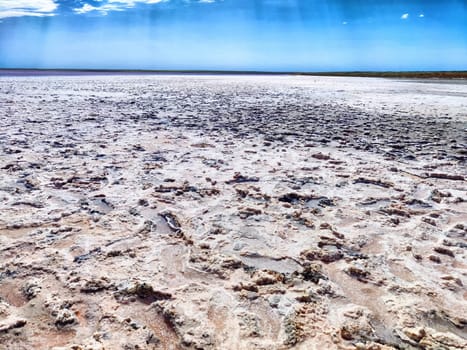 A vast expanse of cracked salt crust stretches into the distance, illuminated by the bright sunlight at a tranquil salt lake.