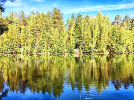 The serene lake showcases lush green trees mirrored perfectly in the still water, bathed in soft sunlight.