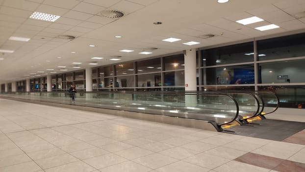 October 26, 2024 Prague Czech Republic, Vaclav Havel Airport, escalator, terminal lobby. High quality photo