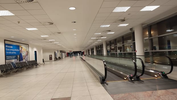 October 26, 2024 Prague Czech Republic, Vaclav Havel Airport, escalator, terminal lobby. High quality photo