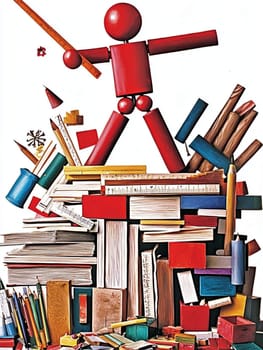 Stressed red mannequin with ruler sword on school supplies mountain, evoking back to school anxiety. Colorful, energetic composition