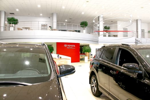 Kazan, Russia - November 25, 2022: Cars in showroom of dealership Toyota in Kazan in Russia