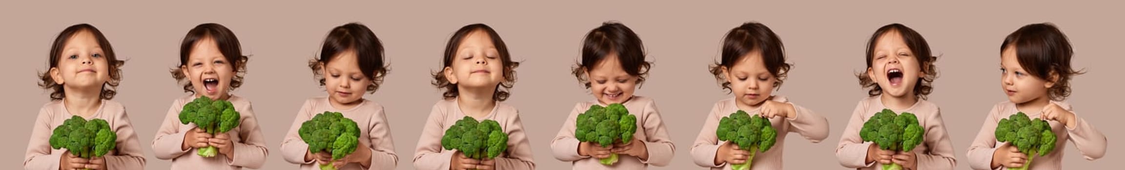 set of portraits of happy child girl with fresh green broccoli on beige background. healthy baby food. kid loves vegetables
