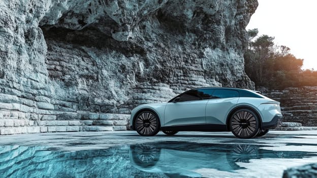 White electric suv parked by a rock formation, reflecting in water at sunset. Modern, luxurious, blending with nature. Innovative, sustainable, offering adventure and freedom