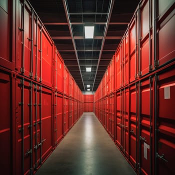 Distribution center with box packaging on shelves. Ai art