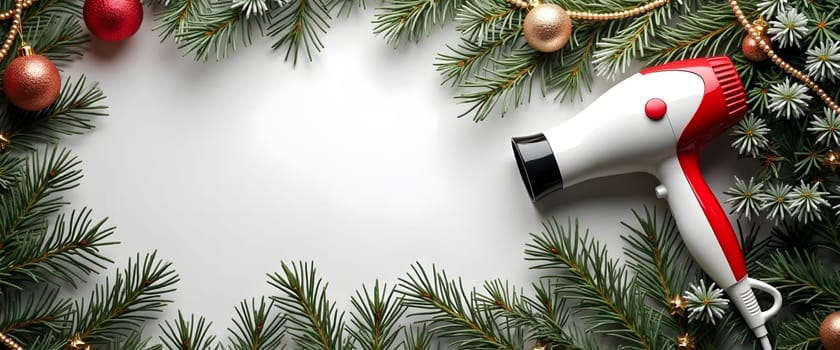Hair dryer with fir branches, ornaments, and lights for a cozy Christmas touch