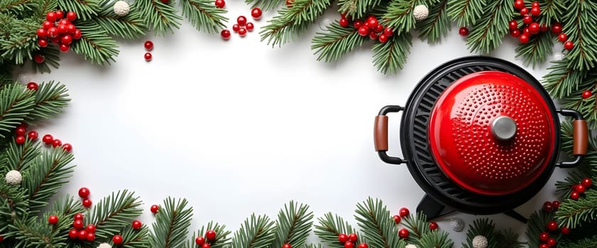 Grill with fir branches, ornaments, and lights for a festive Christmas ambiance