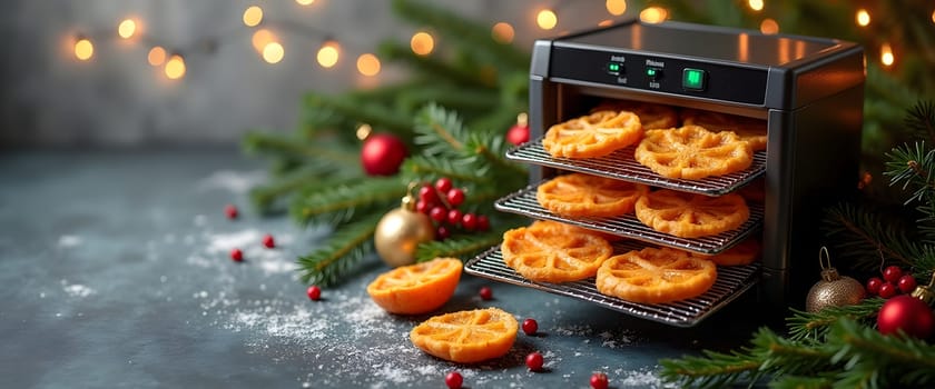 Dehydrator with coniferous branches, balls and lights, creating a cozy Christmas atmosphere