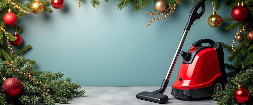 Vacuum cleaner with fir branches, ornaments, and lights for a festive Christmas feel
