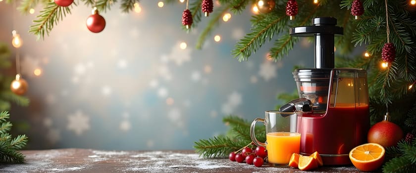 Juicer decorated with fir branches, ornaments, and lights for a cozy Christmas feel