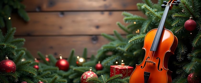 Cello with fir branches, ornaments, and lights creating cozy Christmas ambiance