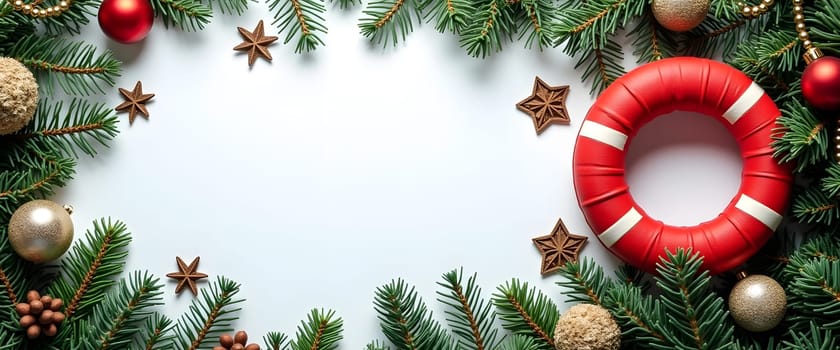 Lifebuoy with fir branches, ornaments, and lights for a cozy Christmas touch