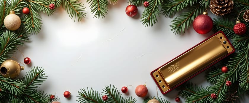 Harmonica with festive fir branches, ornaments, and lights for cozy Christmas feel
