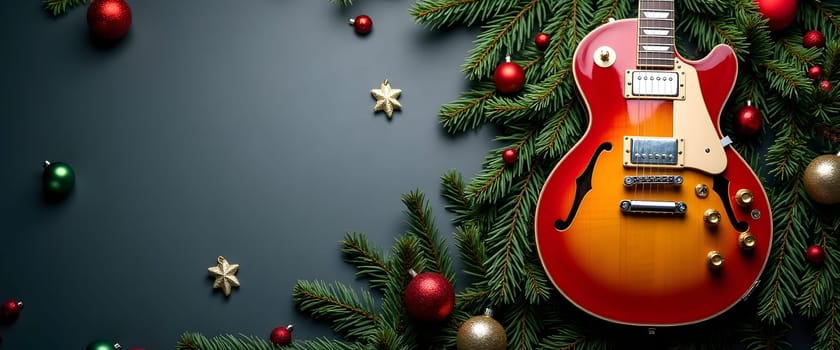Guitar with fir branches, ornaments, and lights for a cozy Christmas atmosphere