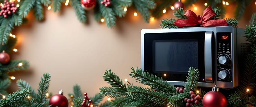 Microwave with fir branches, ornaments, and lights for a cozy Christmas feel