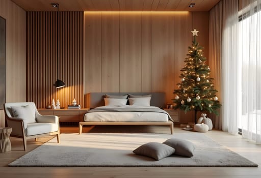 Bedroom with large window, Scandinavian minimalism, Christmas tree in corner, wooden tones