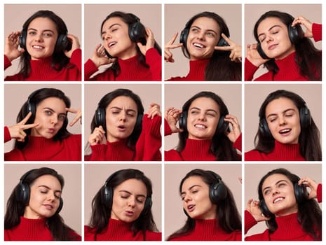 collage of portraits of positive woman in red sweater and headphones enjoying listening music