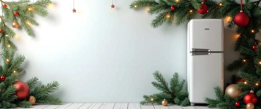 Refrigerator with fir branches, ornaments, and lights for a festive Christmas feel.