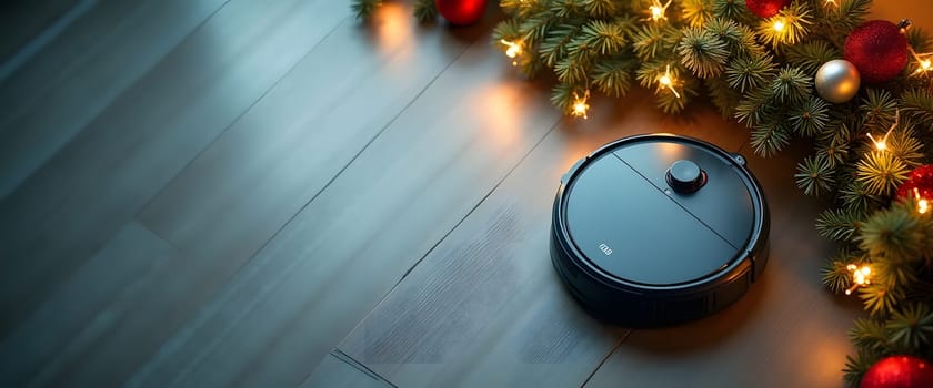 Robot vacuum with fir branches, ornaments, and lights for a cozy Christmas ambiance