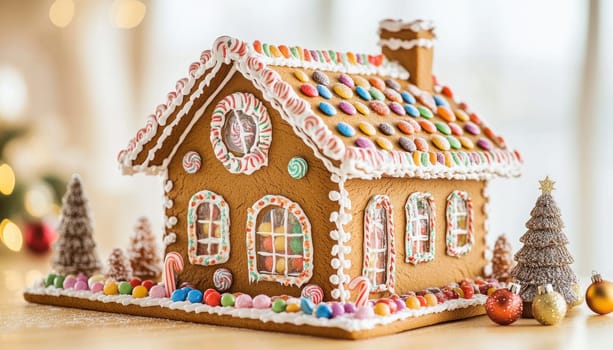 Delicious gingerbread house with colorful candies and icing celebrating christmas holidays