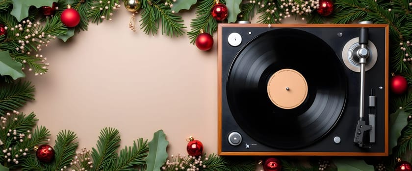Vinyl player with fir branches, ornaments, and Christmas lights for cozy holiday feel
