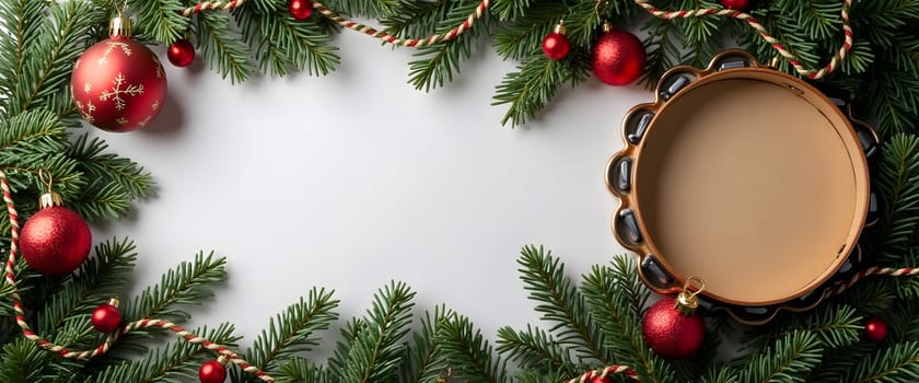 Tambourine with fir branches, ornaments, and lights creating cozy Christmas setting