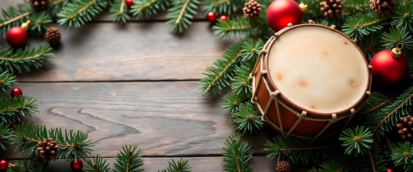 Drum decorated with fir branches, ornaments, and lights creating cozy Christmas ambiance