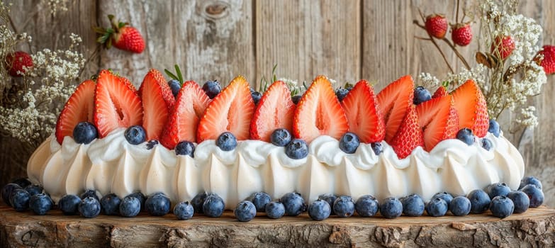 Delicious homemade pavlova cake is garnished with fresh strawberries, blueberries and rosemary sprigs