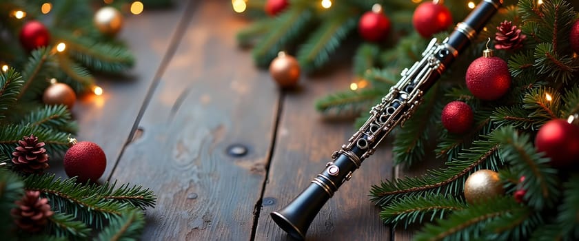 Clarinet with fir branches, ornaments, and lights creating a cozy Christmas atmosphere