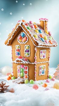 Delicious gingerbread house decorated with colorful candies standing on snow in a christmas atmosphere