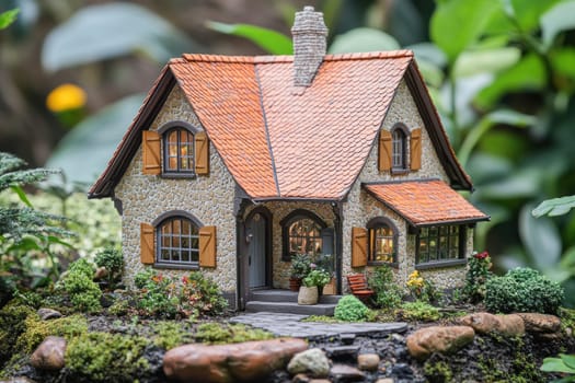 Charming miniature stone cottage with glowing windows, surrounded by greenery, creating a cozy and enchanting scene