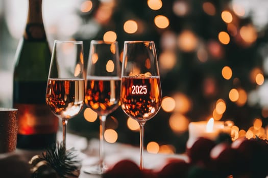 Celebrate the New Year with sparkling glasses, a countdown clock, and festive lights. Capture joy and warmth of togetherness as anticipation fills the air.