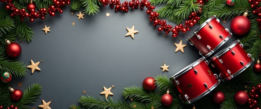 Drum decorated with fir branches, ornaments, and lights creating cozy Christmas ambiance