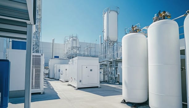 Modern industrial facility with storage tanks, pipelines, and processing units operating under a clear blue sky
