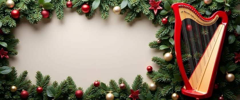 Harp with fir branches, ornaments, and holiday lights creating cozy Christmas feel