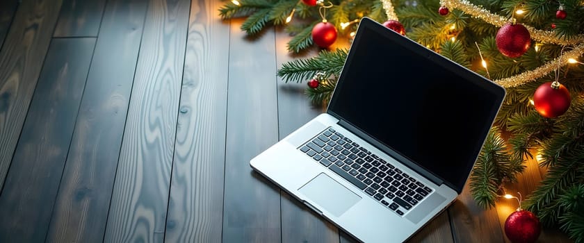 Laptop with fir branches, ornaments, and lights for a cozy Christmas ambiance