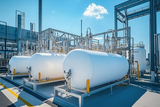 Large white tanks and intricate piping dominate a chemical plant, hinting at complex processes
