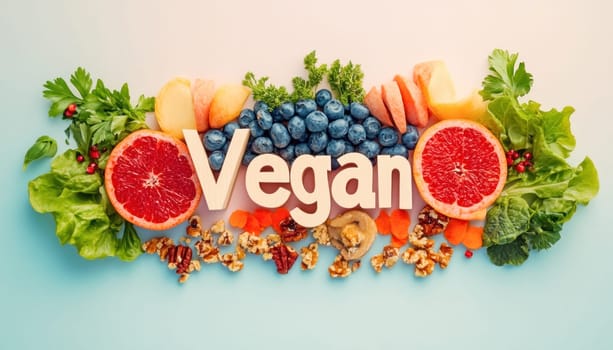 Vegan word written with wooden letters surrounded by a variety of fresh colorful fruits, vegetables and nuts, promoting healthy plant-based diet