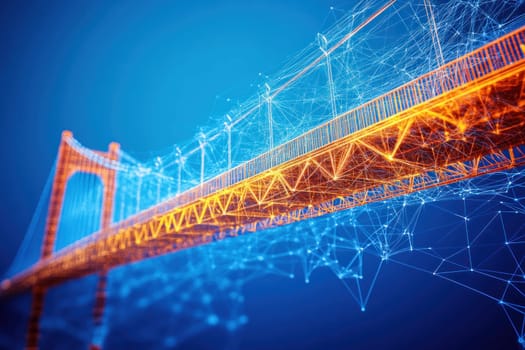 Orange suspension bridge emerging from blue digital plexus network representing innovation and future technologies