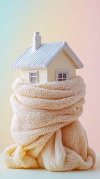 Small house model wrapped in a warm scarf, representing energy efficiency, home insulation, and winter comfort