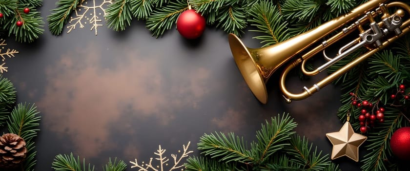 Trumpet with fir branches, ornaments, and lights creating cozy Christmas atmosphere