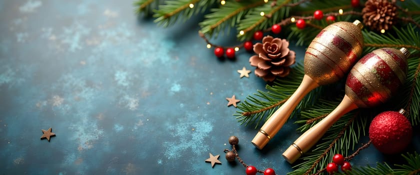 Maracas with fir branches, ornaments, and lights for a cozy Christmas ambiance